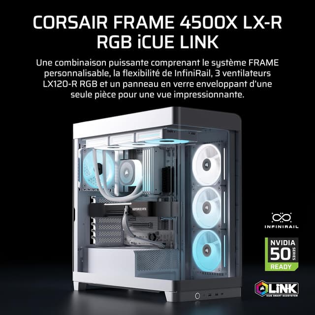 Detalle de CORSAIR Frame 4500X LX-R RGB Link – boîtier moyen-tour blanc avec verre panoramique et système InfiniRail