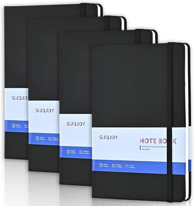 Detalle de SUQJOY 4 Pack A5 Lined Hardback Notebook Set (100gsm, 160 pages each) – Black