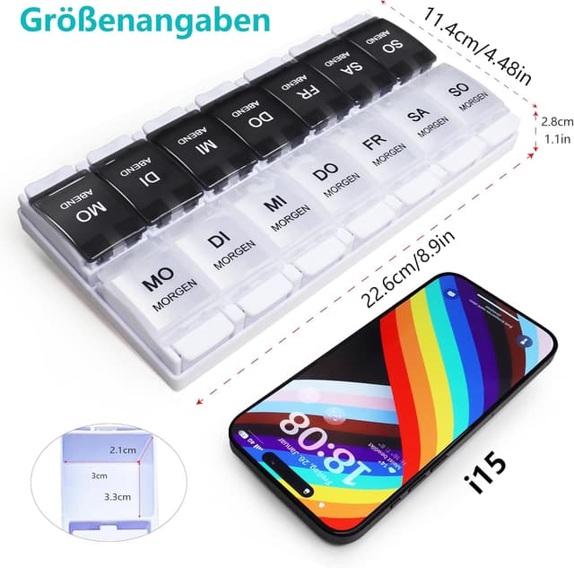 Detalle 2 de MOLN HYMY Medikamentenbox für 7 Tage mit 2 Fächern (AM/PM), BPA-frei, 14 Fächer, Druckknopfdeckel in Schwarz/Weiß