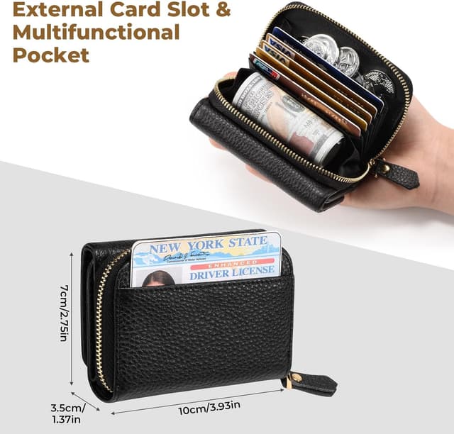 Detalle de RRANCharltu kleine Portemonnaie Damen aus Leder mit RFID-Schutz (10 x 7,5 x 3,5 cm) – Schwarz