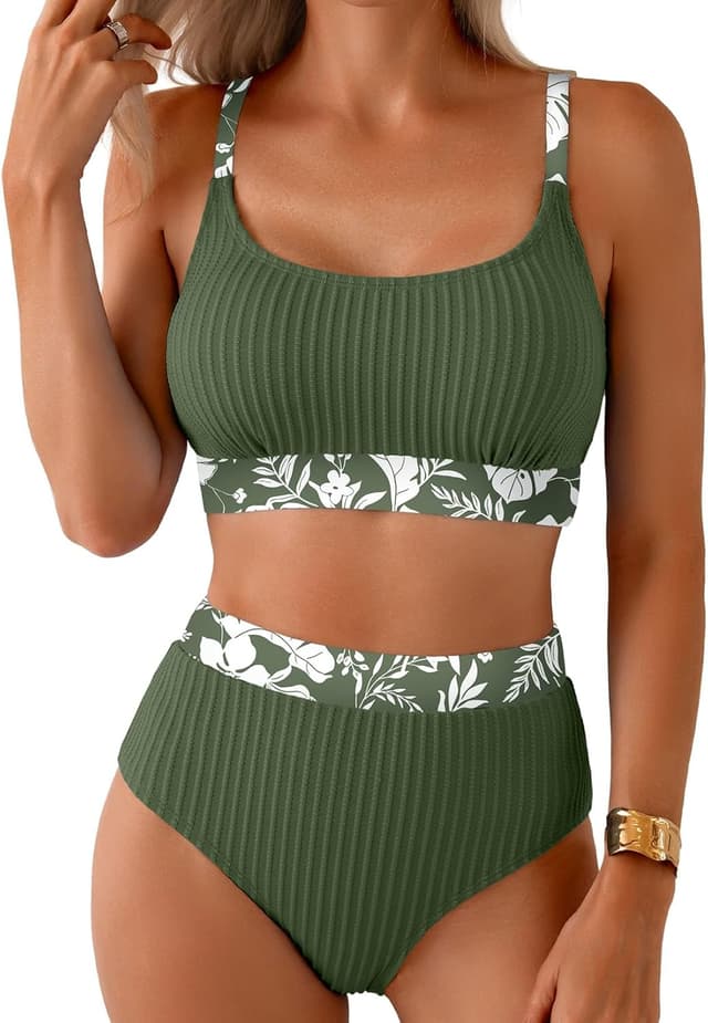 Detalle de Herseas Women’s Textured Floral Trim Scoop Neck Bikini Set (High-Waisted)