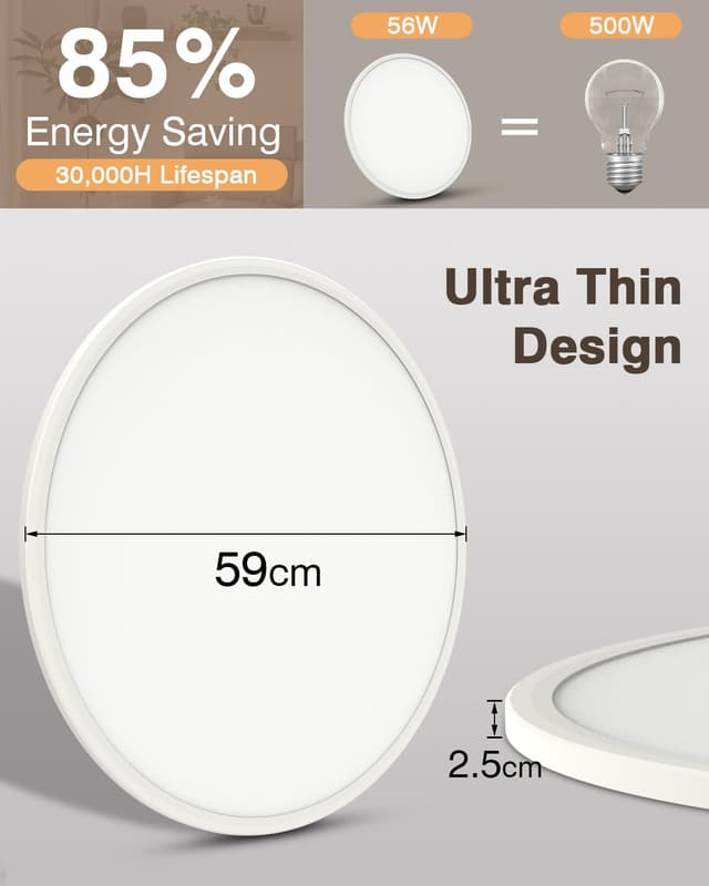 Detalle de Bowfar 59 cm LED-Deckenlampe flach (56 W) mit Fernbedienung, 3000–6500 K, dimmbar, weiß