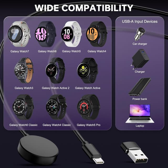 Detalle 2 de USB-C Smartwatch Charger Cable for Samsung Galaxy Watch 8/8 Classic, Ultra, 7–3 (USB-C to USB-A adapter included) — 1m