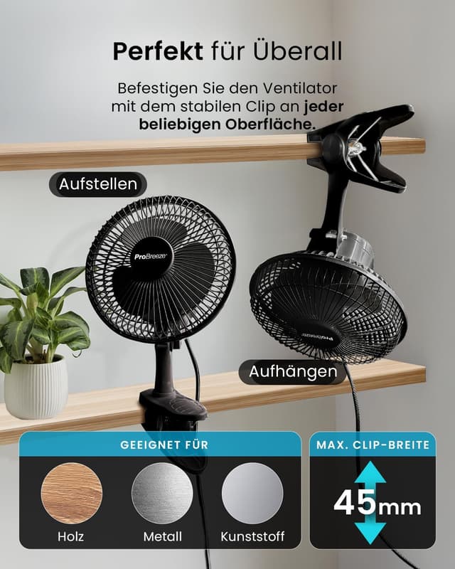 Detalle 2 de Pro Breeze Mini Ventilator mit Clip (20 cm) – Tisch- & Growbox-Lüfter mit 2 Geschwindigkeitsstufen