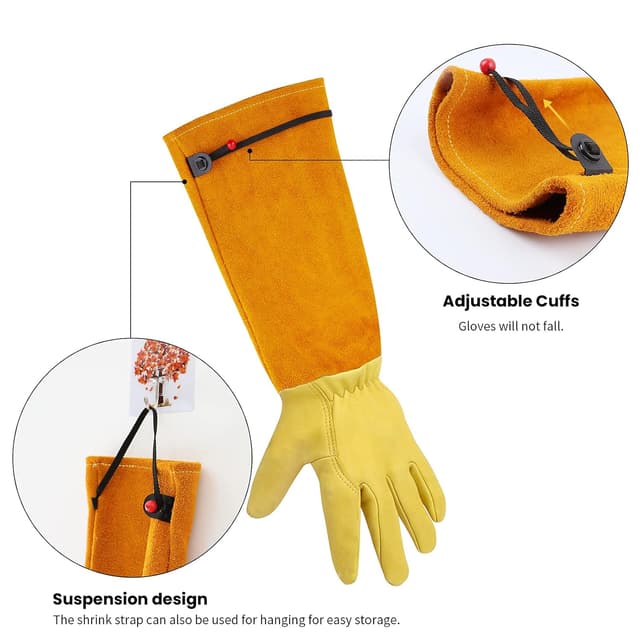 Detalle de Long gauntlet thornproof gardening gloves (women’s & men’s) with adjustable cuffs