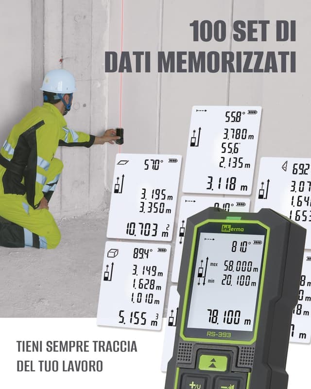 Detalle de Inkerma Metro Laser bilaterale ricaricabile RS-393: fino a 120 m con calcolo area/volume e Pitagora