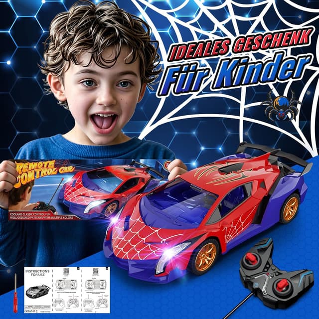 Detalle de Ferngesteuertes Drift-Auto im 1:18 Look mit LED-Augen & Spinnennetz-Design (RC, Rückwärtsfunktion) – Geschenk ab ca. 3 Jahren