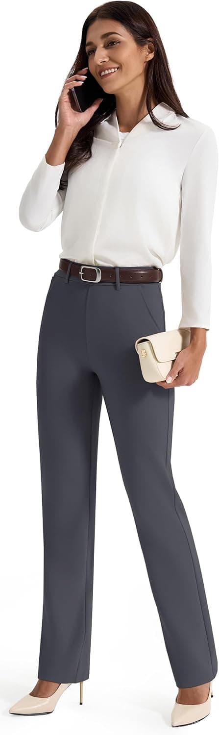 Detalle 1 de AFITNE Women’s Straight Leg Trousers with Pockets (UK 29''/31''/33'' lengths) – Pull-on stretch office & casual pants