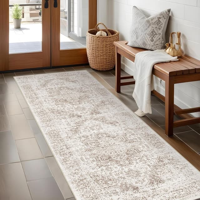 Detalle de EISUROM Hallway 2x5 Runner Rug (Ivory/Beige) — Vintage, Waterproof, Non-Slip Washable Low-Pile