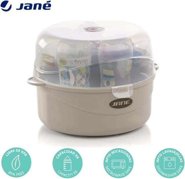 Detalle 2 de Stérilisateur micro-ondes Jané pour 6 biberons, avec panier tétines et pince, sans BPA (gris)