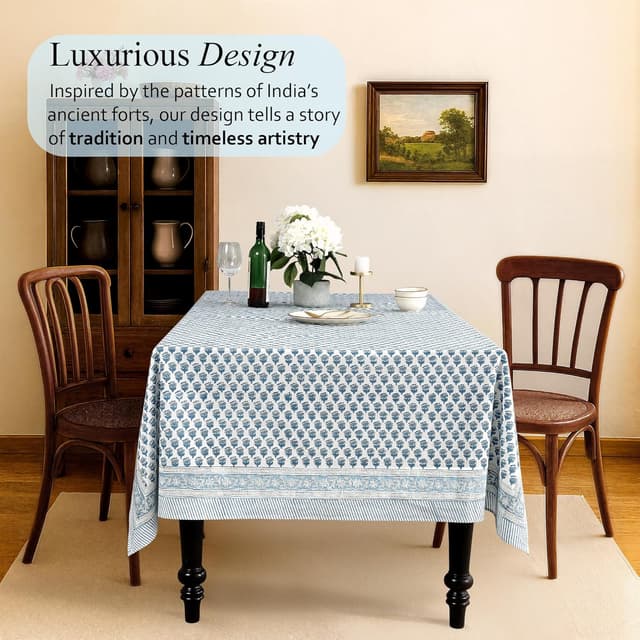 Detalle 2 de CPC Tablecloth 100% Cotton Indian Block Print Rectangle Table Cover, 60x90 Inch (Apatite Blue)