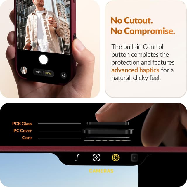 Detalle de LONLI Classic Gold-Rated Leather Case for iPhone Air (Wine) with Camera Control & MagSafe compatibility