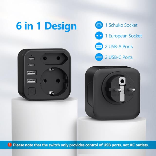 Detalle 2 de JSVER Steckdosenleiste mit USB (2× Schuko/Europa, 2× USB-A & 2× USB-C, 3680 W/16 A) mit Schalter – schwarz