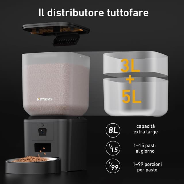 Detalle de Nityers distributore automatico cibo per gatti e cani con telecamera 1080P, audio bidirezionale e Wi‑Fi 2.4/5 GHz