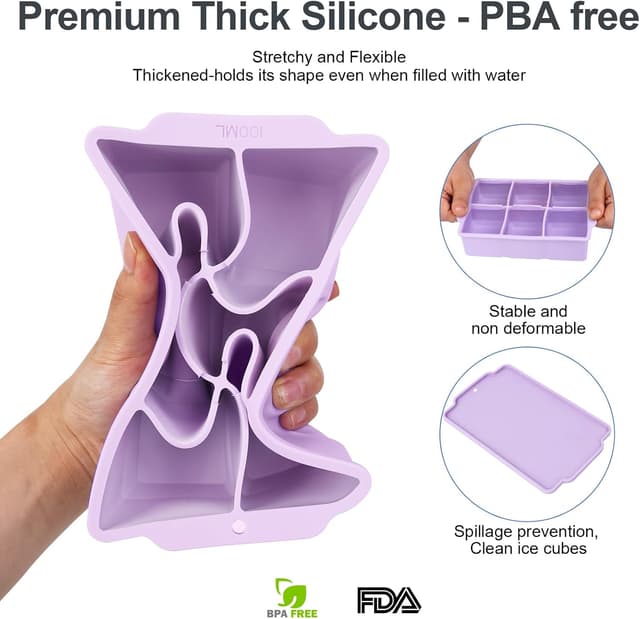 Detalle de Lifhety Eiswürfelform Silikon (2 Stück) mit Deckel – 6 große Quadrate pro Form, 5×5×5 cm