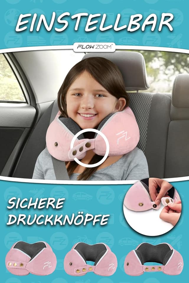 Detalle de FLOWZOOM Nackenkissen für Kinder ab 6 Jahren (Größe M) mit Memoryschaum, einstellbar & waschbezug – inkl. Beutel, Rosa
