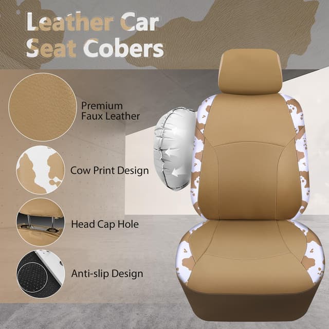 Detalle de CAR PASS Cow Print Faux Leather Car Seat Covers & Car Mats Set (Beige)
