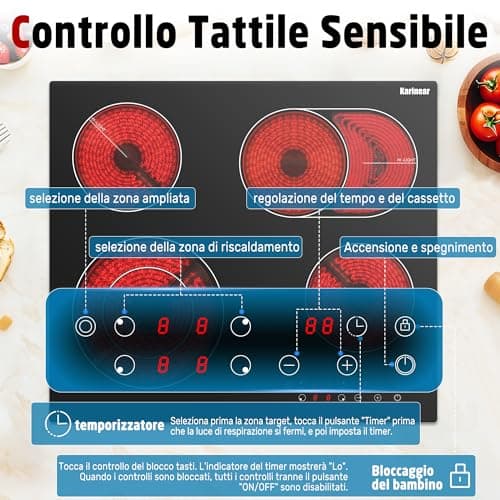 Detalle 2 de Karinear placa vitrocerámica encastrable de 4 fuegos (60 cm) con temporizador y 6600 W