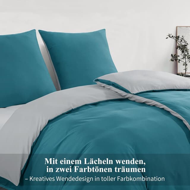 Detalle de Aisbo Bettwäsche 135x200 4-teilig Türkis Grau (Wendebettwäsche, ÖKO‑TEX, Mikrofaser)