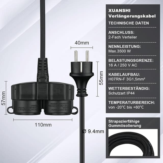 Detalle 2 de XUANSHI Verlängerungskabel Outdoor 3 m