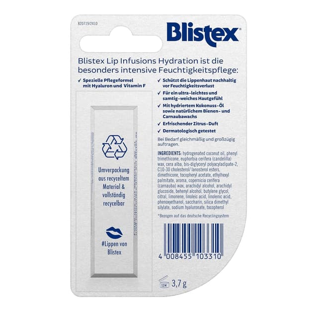 Detalle 2 de Blistex Lip Infusions Hydration mit Hyaluronsäure – feuchtigkeitsspendende Lippenpflege (3,7 g)