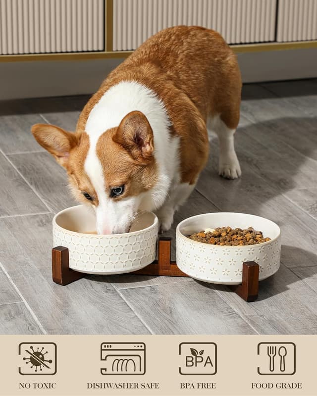 Detalle 2 de MALACASA Keramik-Hundenapf mit Walnussholz-Ständer, 1000 ml, Doppelschale für Futter & Wasser