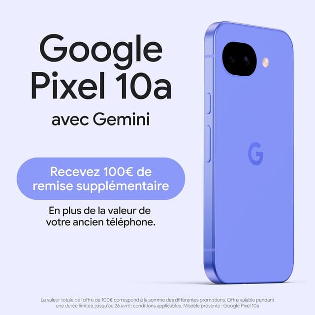 Detalle de Google Pixel 10a 256GB (Lavande) — 30+ heures d’autonomie, Photo & Gemini Live