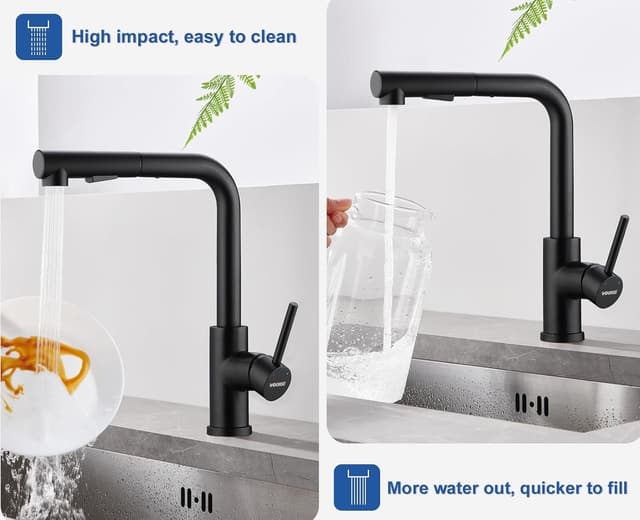 Detalle de WOOHSE Niederdruck Küchenarmatur schwarz mit ausziehbarer Brause – 360° drehbar und 2-Strahl-System