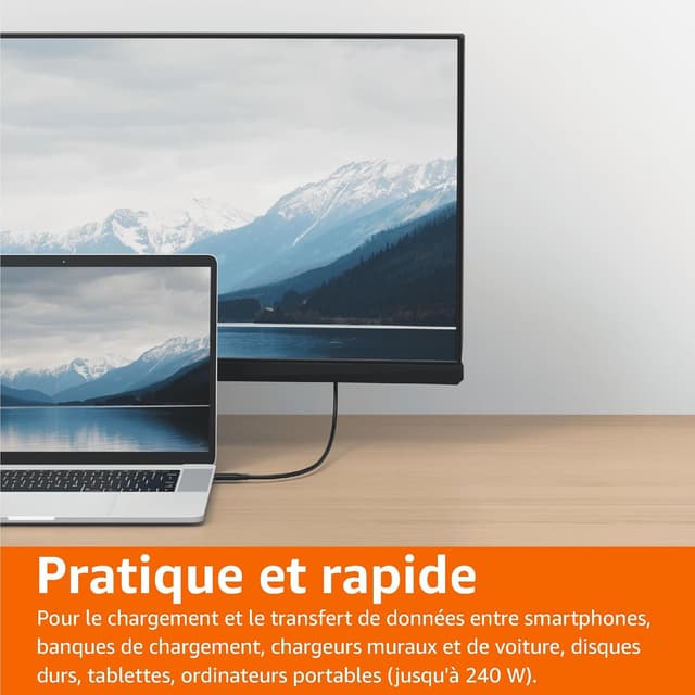 Detalle de Amazon Basics Câble USB‑C vers USB‑C 4 (Thunderbolt 4/3) 240 W, données 40 Gbit/s, vidéo 8K, 1 m noir