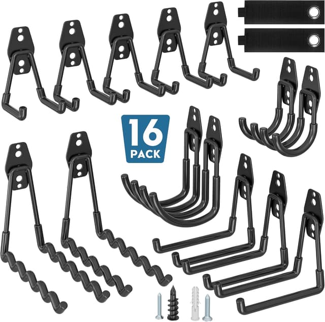 Detalle de BONTEC 16 Pack Black Garage Hooks – Heavy Duty Wall Mount Storage for Ladders, Tools and Bikes