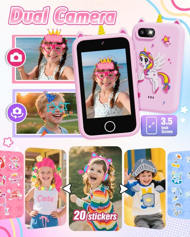 Detalle 2 de Kids Smart Phone Unicorn Toy Phone (3.5") for Girls 3–9+ with Dual Camera, Storytelling, Music Player