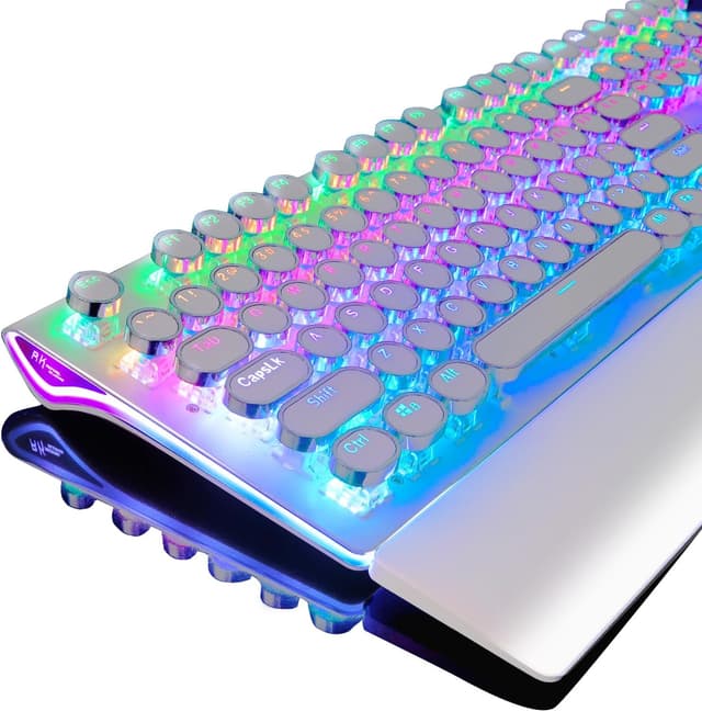 Detalle de RK ROYAL KLUDGE S108 Typewriter Gaming Keyboard with Number Pad, Detachable Wrist Rest, Blue Clicky Switches, Retro RGB