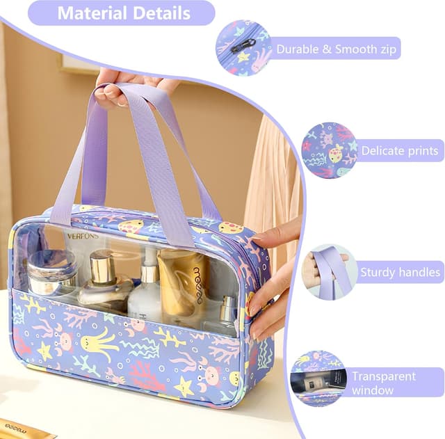 Detalle de Mikytoper Clear Toiletry Bag Set (3 pcs) – Waterproof PVC wash bags with handle, large capacity travel cosmetic bags (2024 Purple)