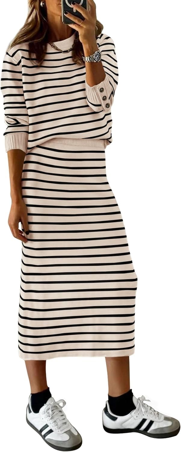 Detalle de PRETTYGARDEN 2-Piece Skirt Set striped sweater dress