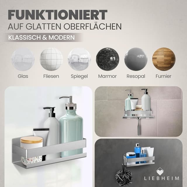 Detalle de LIEBHEIM Duschablage ohne Bohren – Badregal & Duschkorb mit Edelstahlablage, Klebemontage und Haken