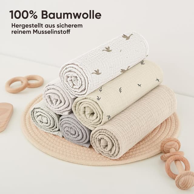 Detalle 2 de Bearmoss Moltontücher Baby-Spucktücher aus 100% Baumwolle, 6er-Set 60x60 cm – Musselin-Material (Weiße Aprikose)
