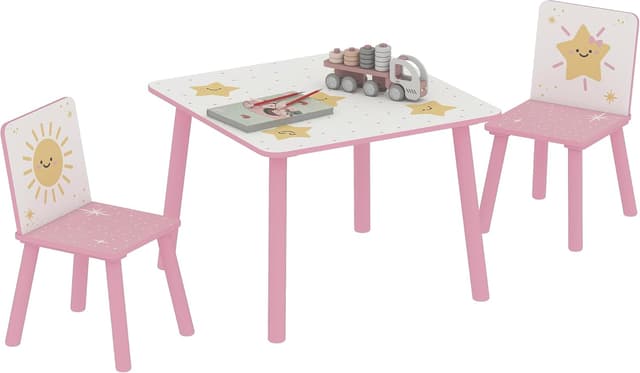 Detalle de AIYAPLAY Table enfant avec 2 chaises en bois (ensemble 3 pièces) motifs d’étoiles, rose, 3 à 8 ans