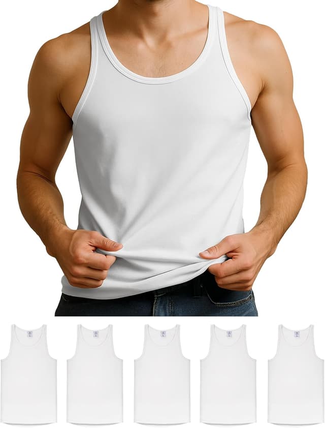 Detalle de ALPIDEX Herren Classic Unterhemd 5er-Set (100% Baumwolle, Feinripp, ärmellos) – weiß/schwarz