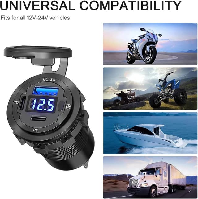 Detalle de 5 in 1 12V USB-C Car Charger Socket with Dual PD, USB Port, LED Voltmeter & On/Off Switch (RV/Marine/Car Use)