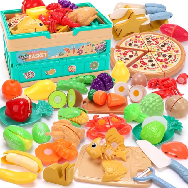 Detalle de 74PCS Pretend Play Food Set for Kids with Cutting Kitchen Toys and Foldable Basket (Age 3+)