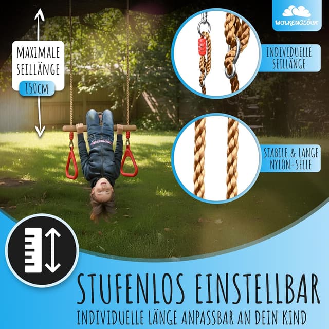 Thumbnail 6 de WOLKENGLÜCK Trapez Schaukel für Kinder (2-in-1) mit Holztrapez und 2 Turnringen – höhenverstellbar 120 bis 150 cm, bis 150 kg