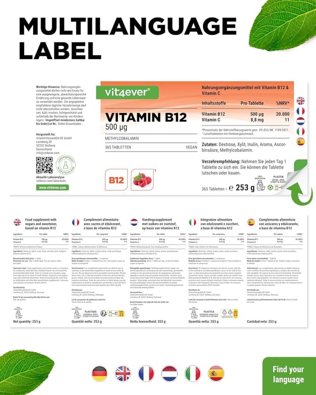 Detalle de Vitamin B12 Himbeere – 365 Lutschtabletten im Jahresvorrat mit 500 µg Methylcobalamin + Vitamin C (vegan)