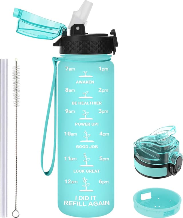 Detalle de GOPPUS 500ml Kids Water Bottle (Straw + Flip-Top Lid) with Strap, Leakproof, BPA Free, Time Markings (Green)