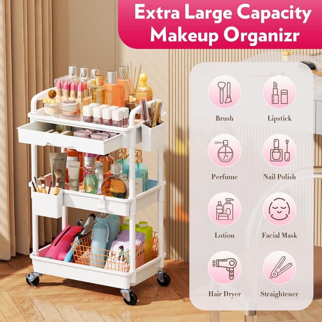 Detalle 2 de SUNALLY Makeup Cart Organizer with Drawers 3-Tier