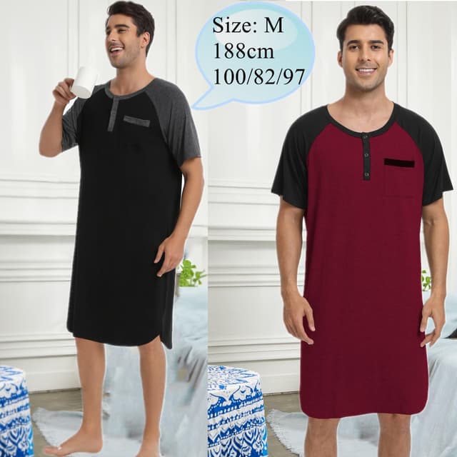 Detalle 2 de Enjoyoself Herren Nachthemd kurzarm aus Baumwolle mit Henley-Kragen