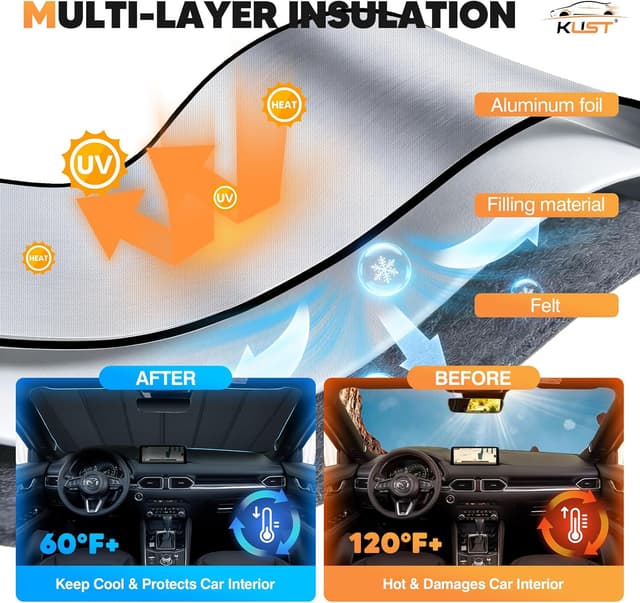 Detalle de KUST Windshield Sun Shade for Mazda CX-5 (2018–2025) — Foldable UV Sun Visor with Aluminum Film