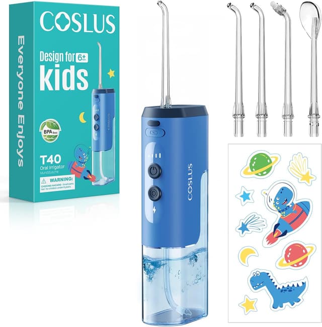 Detalle de COSLUS T40 Portable Water Flosser for Kids (Ages 6+) with 4 Gentle Modes, Braces-Safe Design, DIY Stickers & 4 Nozzles