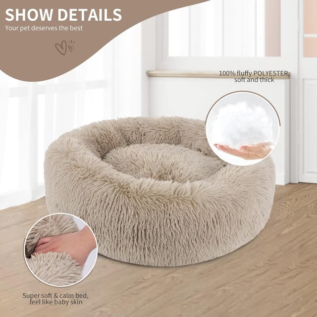 Detalle de BVAGSS Anxiety Dog Bed – Round Plush Donut Bed (40 cm), Light Brown