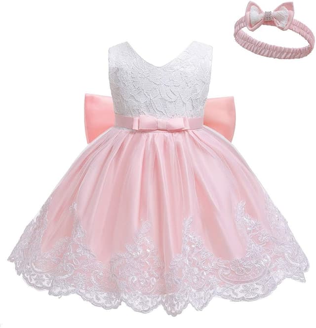 Detalle de LZH Baby Girls Ruffle Lace Backless Dress with Headwear