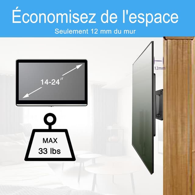 Detalle de Support mural TV/écran PC JXMTSPW VESA jusqu’à 100x100 mm (14 à 24")